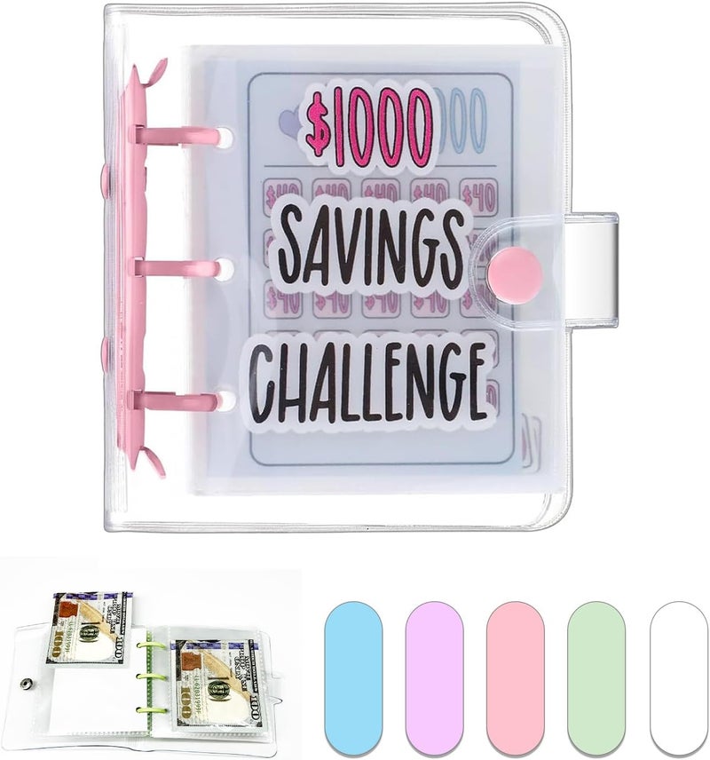 Dreamplay Mini Money Saving Binder, $1000 Money Saving Challenge Book Budget Binder with Envelopes Portable Deposit Anytime Anywhere (Pink) - Image 1